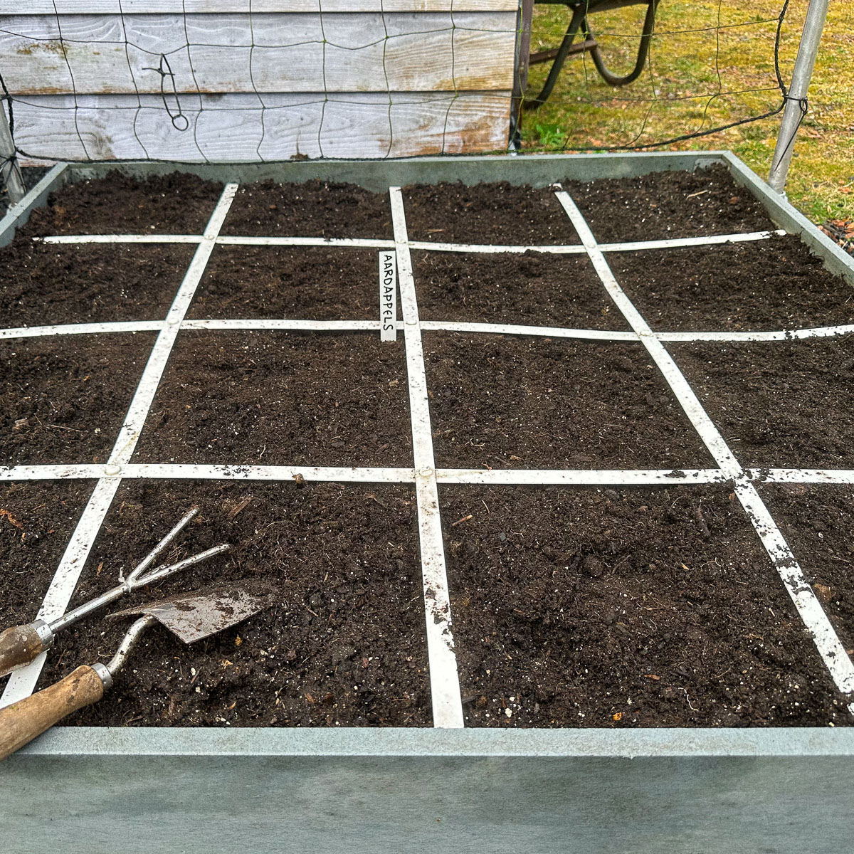 Vroege aardappels poten in een grote Makkelijke Moestuinbak met klimrek