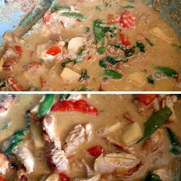 Pulled oats and chicken options for the curry simmering in the pan