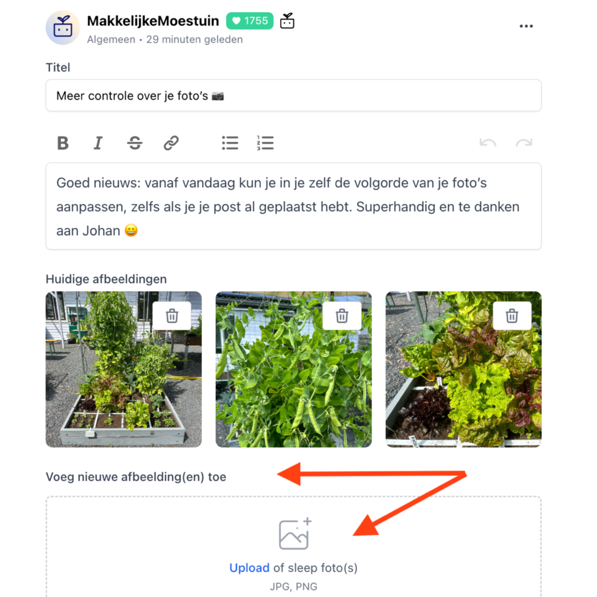 Je kunt nu in de Makkelijke Moestuin community foto's toevoegen aan een bestaande post