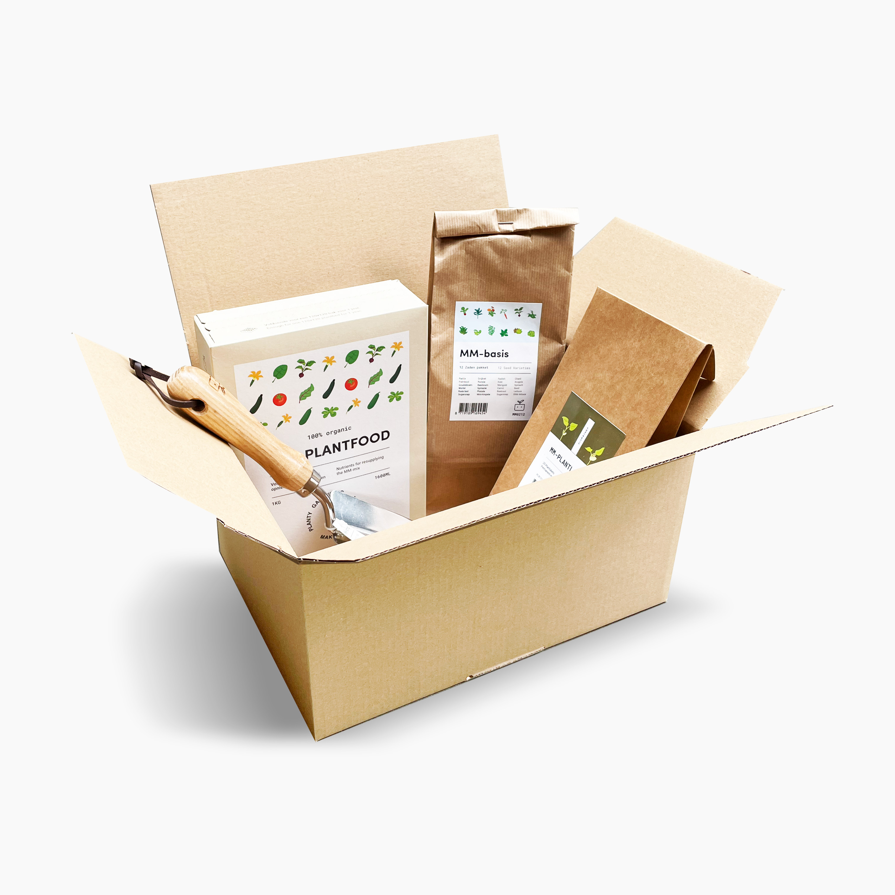 Startpakketje met voeding, zaden, labels en schepje