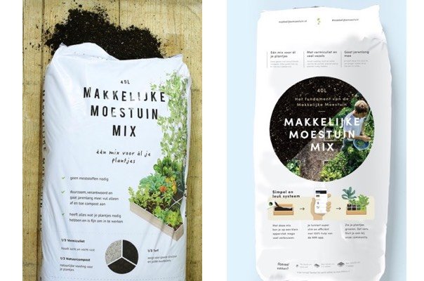 Links de oude zak Makkelijke Moestuinmix, rechts de nieuwe.