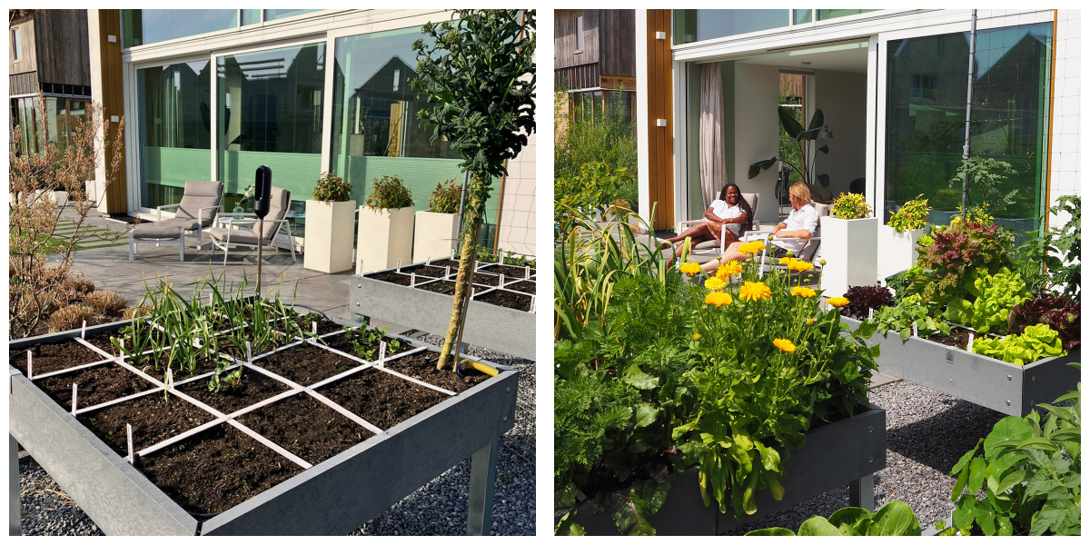 Makkelijke Moestuin-hero tafels bij het terras van Shahaira
