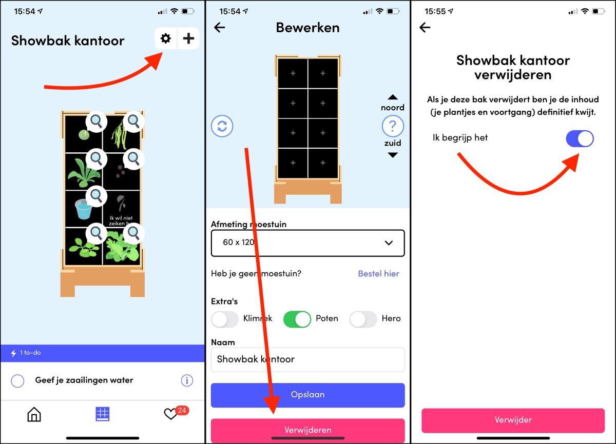 Verwijder alle bakken uit de Makkelijke Moestuin app