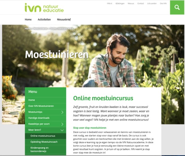 Screenshot van IVN site met moestuincursus