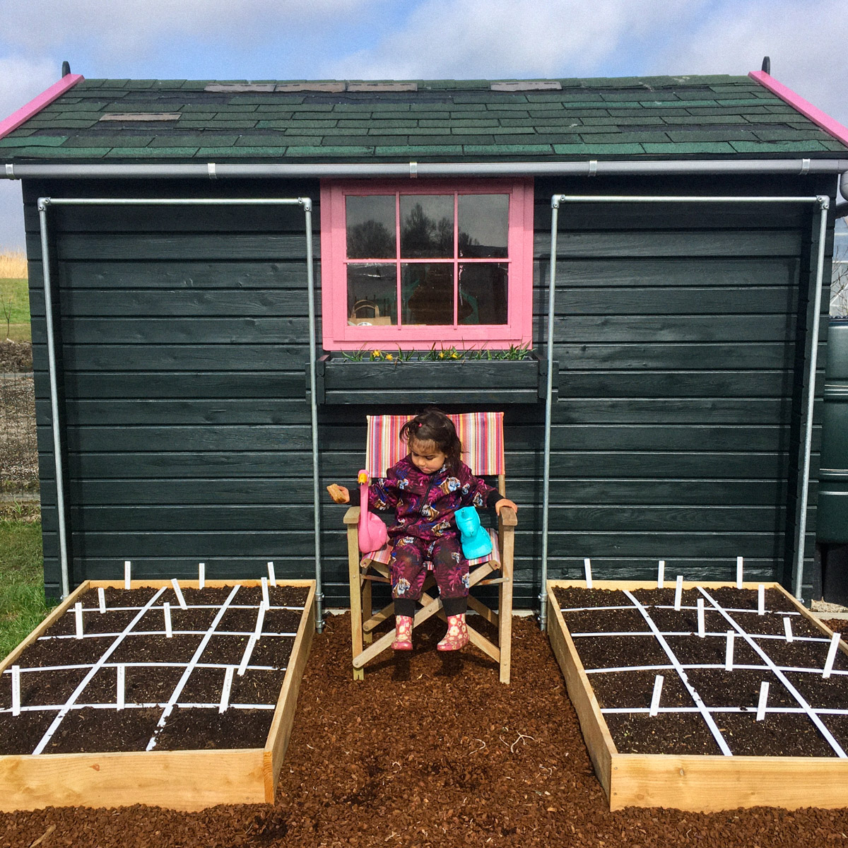 Moestuinbakken tegen tuinhuisje: schut en uit de wind