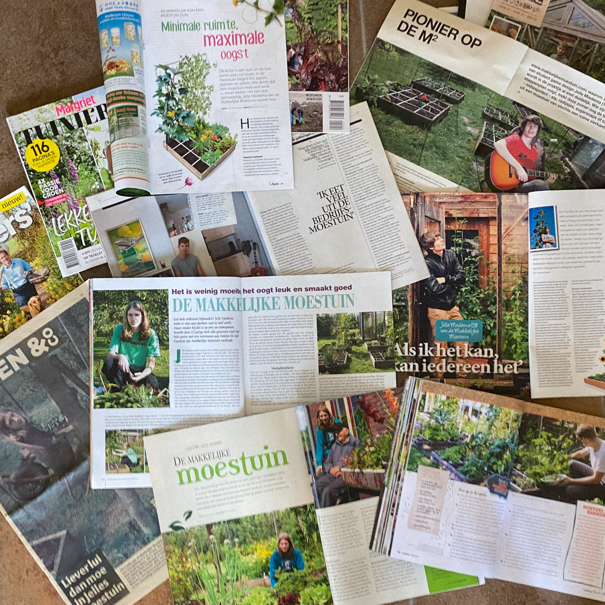 Een paar van de vele publicaties over de Makkelijke Moestuin in kranten en tijdschriften